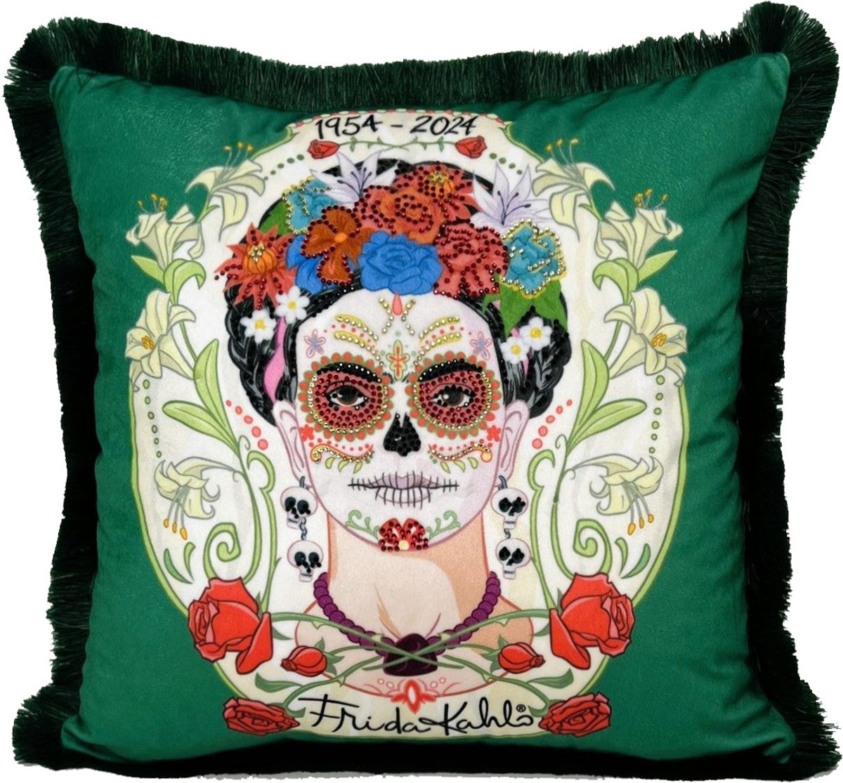 Frida Kahlo by Luxus Deko Kissen mit Strass Steinen Grün / Bunt