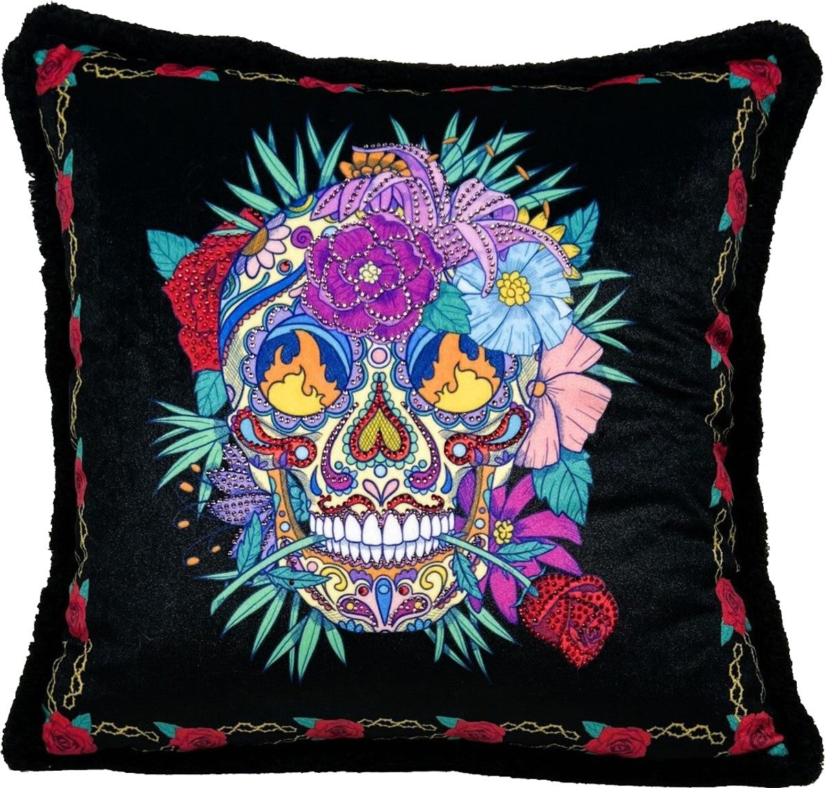 Frida Kahlo by Luxus Deko Kissen mit Strass Steinen Schwarz / Bunt