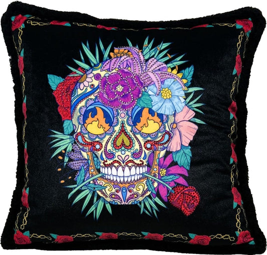 Frida Kahlo by Luxus Deko Kissen mit Strass Steinen Schwarz / Bunt