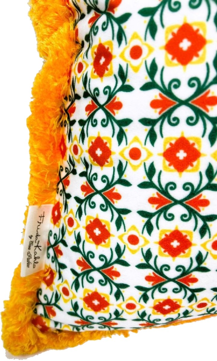 Frida Kahlo by Luxus Deko Kissen mit Strass Steinen Weiß / Bunt / Orange