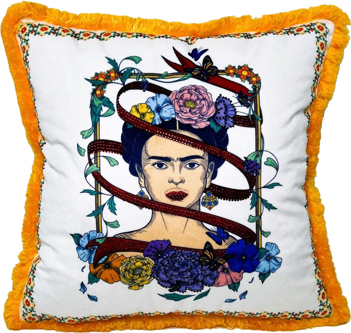 Frida Kahlo by Luxus Deko Kissen mit Strass Steinen Weiß / Bunt / Orange