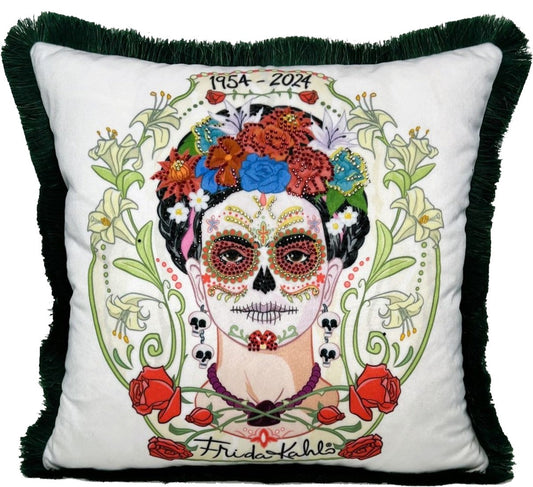 Frida Kahlo by Luxus Deko Kissen mit Strass Steinen Weiß / Bunt