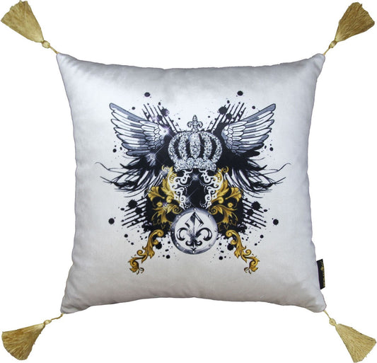 Harald Glööckler Luxus Deko Barock Kissen mit Engelsflügeln Pompöös by Creme / Schwarz Krone Deluxe mit Strass Steinen und Troddeln - Glööckler Kissen
