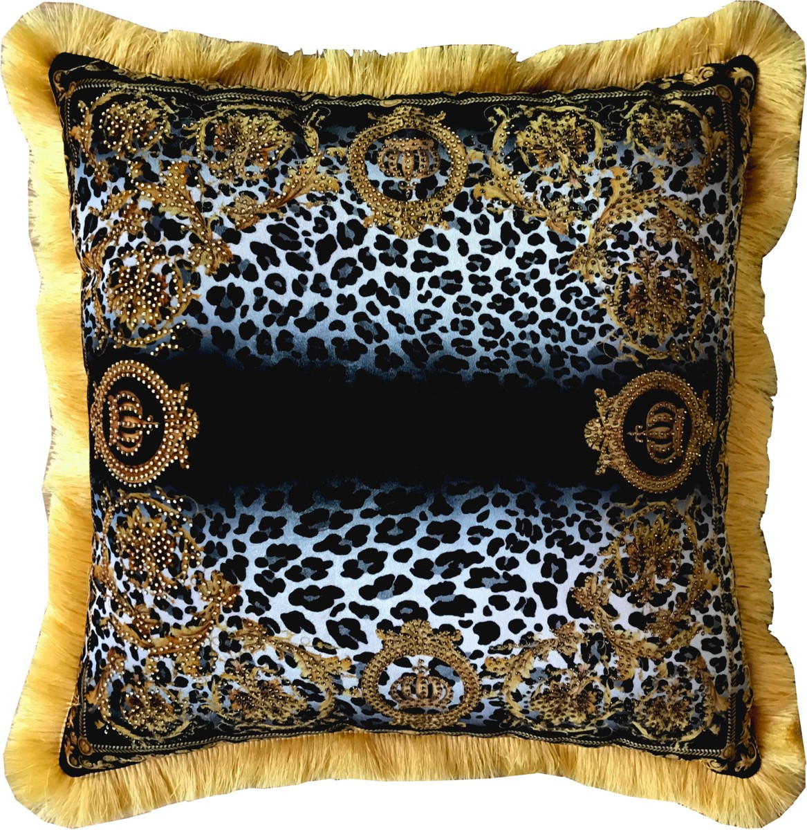Harald Glööckler Luxus Kissen Pompöös by Kronen / Leopard / Gold - Feinster Samtstoff - Glööckler Deko Kissen mit Strass Steinen