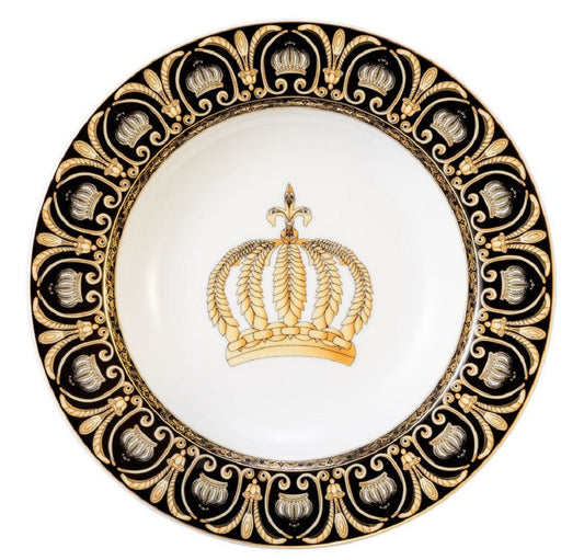 Harald Glööckler Pompöös Suppenteller mit Krone Weiß / Schwarz / Gold Ø 22,3 x H. 3,7 cm - Runder Porzellan Teller - designed by Harald Glööckler