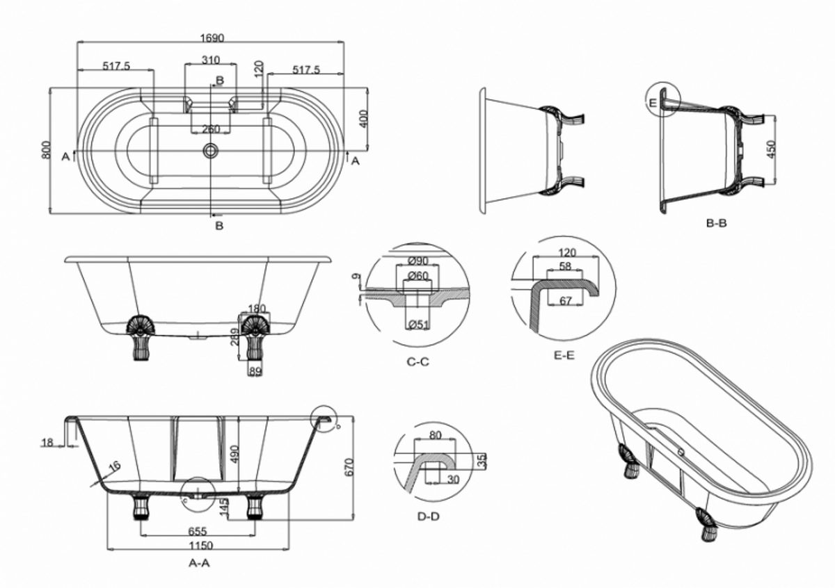 Jugendstil Badewanne Naturstein freistehend 1700mm BBlan Weiß - Freistehende Retro Antik Badewanne
