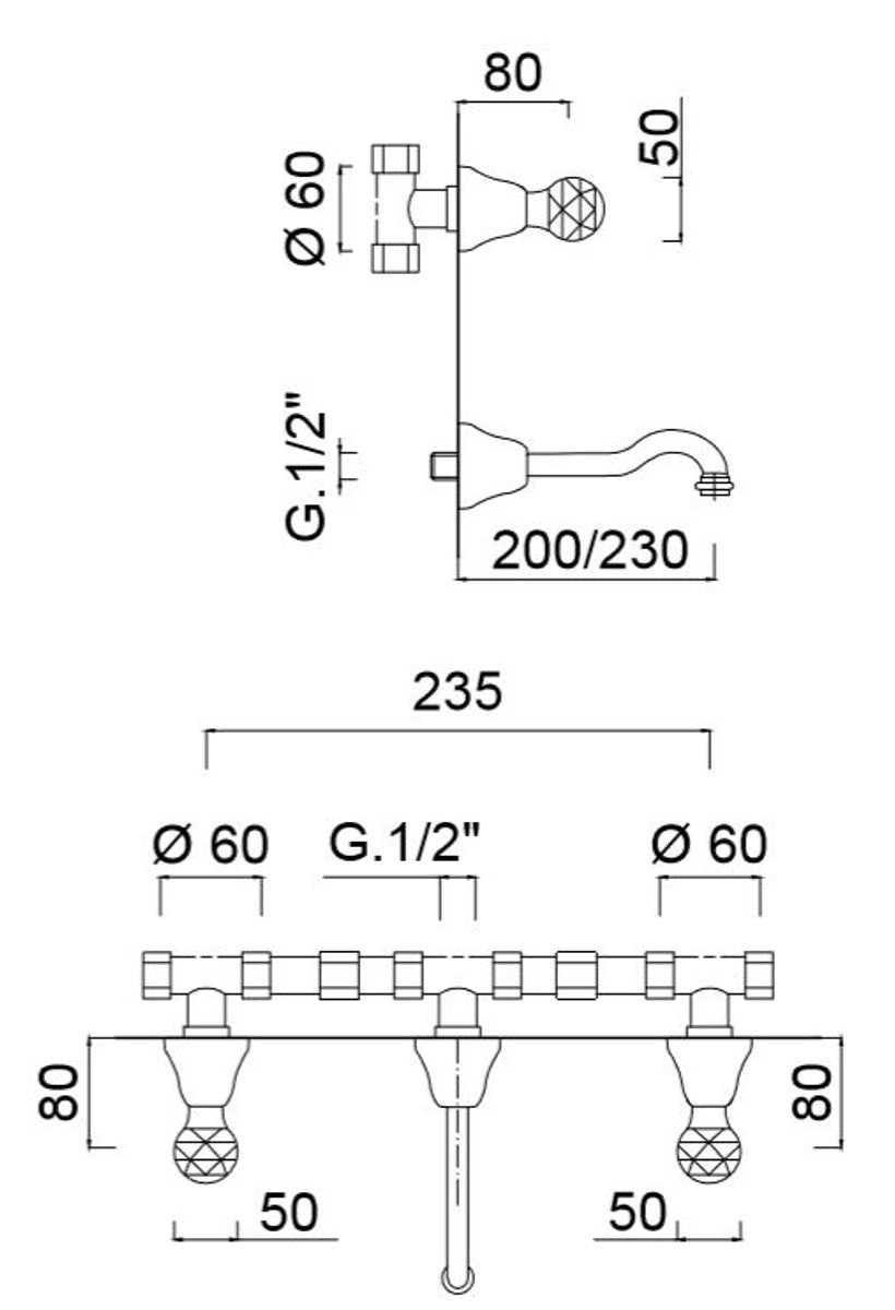 Luxus Waschtisch 3-Loch-Wandarmatur mit Swarovski Kristallglas Silber - Waschtischarmatur für die Wandmontage