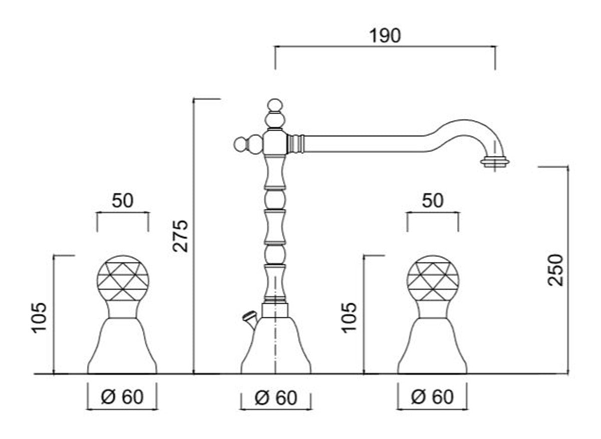 Luxus Waschtisch Armatur / Dreilochbatterie mit Swarovski Kristallglas Silber H. 27,5 cm - Luxus Qualität