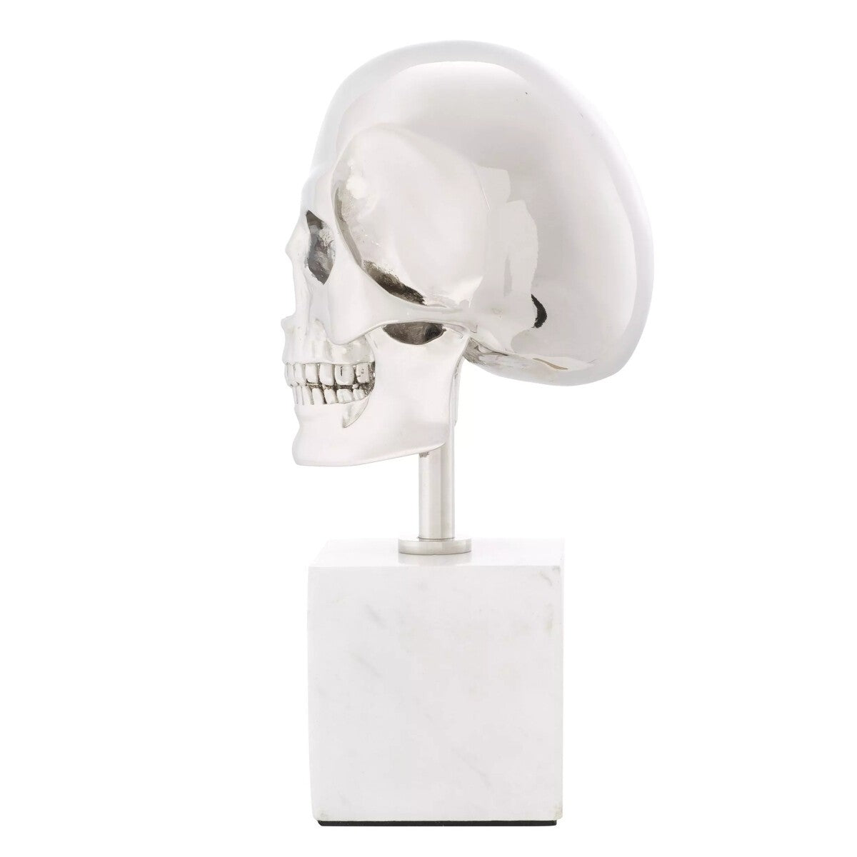 Philipp Plein Luxus Designer Deko Totenkopf Platinfarben / Weiß H. 20cm - Skull Skulptur aus Marmorsockel