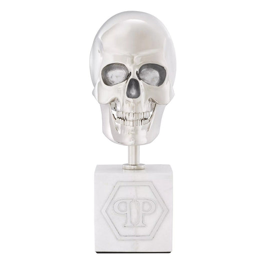 Philipp Plein Luxus Designer Deko Totenkopf Platinfarben / Weiß H. 20cm - Skull Skulptur aus Marmorsockel
