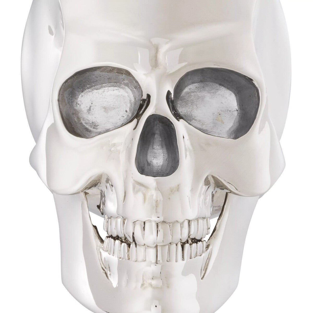 Philipp Plein Luxus Designer Deko Totenkopf Platinfarben / Weiß H. 20cm - Skull Skulptur aus Marmorsockel