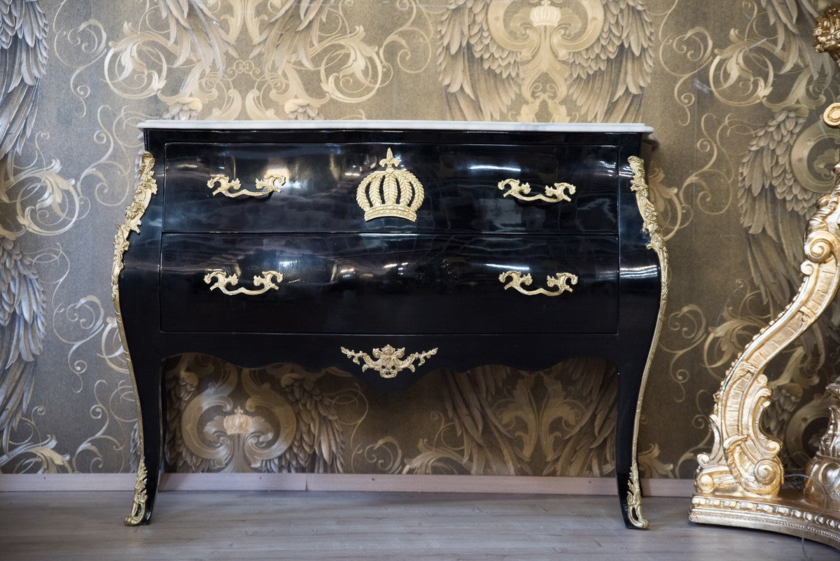 Pompöös by Barock Kommode mit 2 Schubladen und Marmorplatte Schwarz / Gold / Weiß - Pompööse Barock Kommode designed by Harald Glööckler
