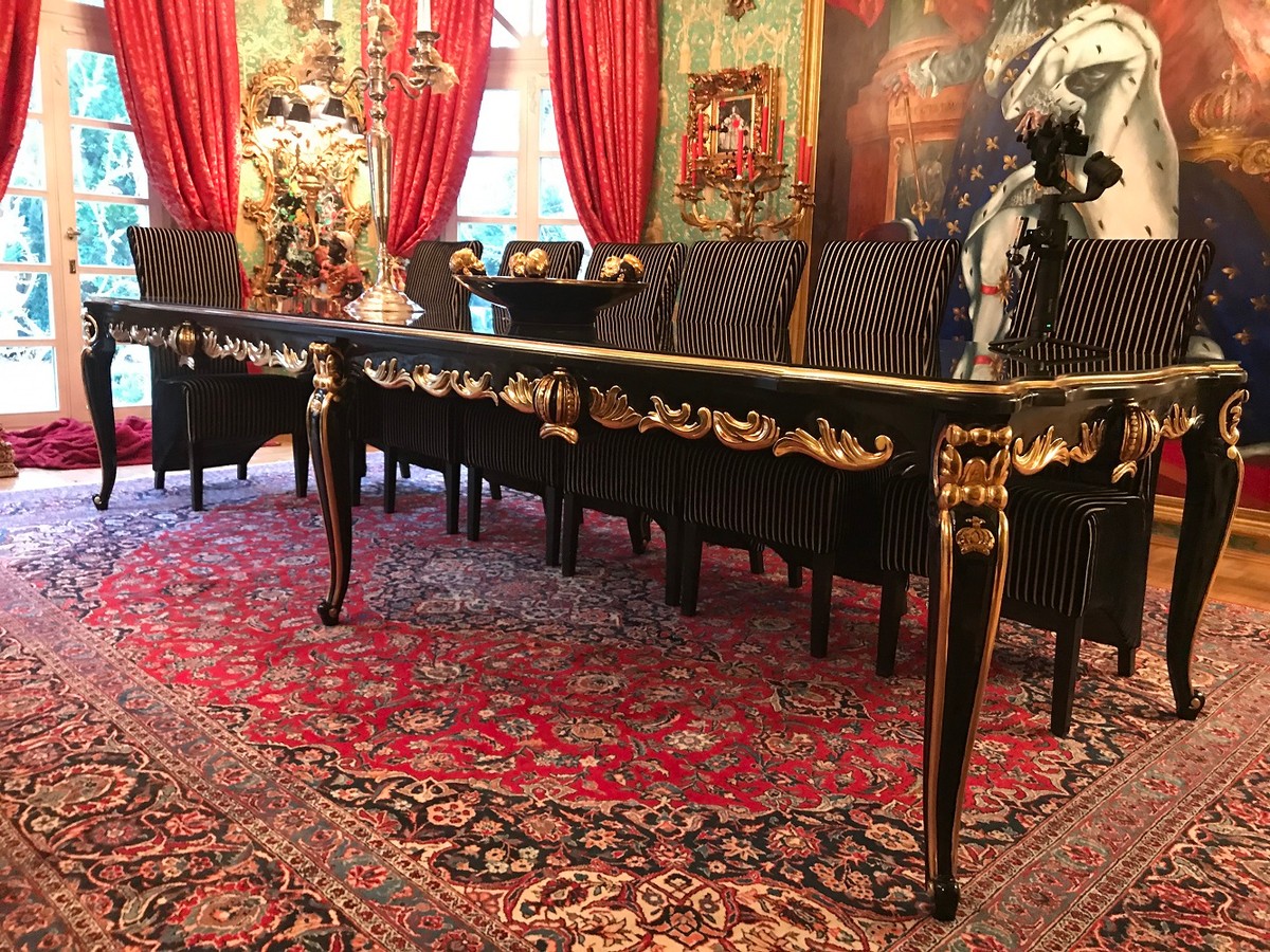 Pompöös by Barock Luxus Esstisch mit Glasplatte Schwarz / Gold 350 x 120 x H. 80 cm - Pompööser Barock Esstisch designed by Harald Glööckler
