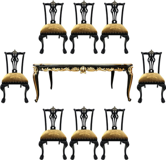 Pompöös by Barock Luxus Esszimmer Set Krone Gold / Schwarz - Pompööser Barock Esstisch mit Glasplatte und 8 Stühlen designed by Harald Glööckler - Esszimmer Möbel im Barockstil