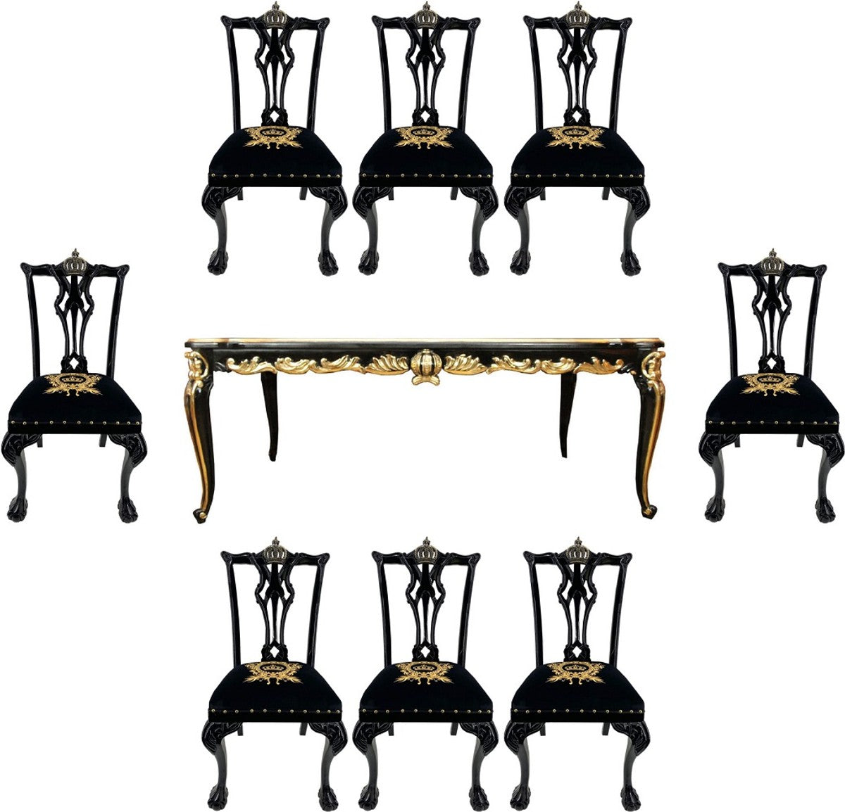 Pompöös by Barock Luxus Esszimmer Set Krone Schwarz / Gold - Pompööser Barock Esstisch mit Glasplatte und 8 Stühlen designed by Harald Glööckler - Esszimmer Möbel im Barockstil