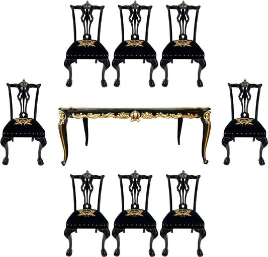 Pompöös by Barock Luxus Esszimmer Set Krone Schwarz / Gold - Pompööser Barock Esstisch mit Glasplatte und 8 Stühlen designed by Harald Glööckler - Esszimmer Möbel im Barockstil
