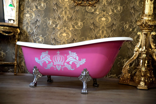 Pompöös by Luxus Badewanne freistehend von Harald Glööckler Pink / Silber / Weiß 1695mm mit silberfarbenen Löwenfüssen -AUSSTELLUNGSTÜCK-