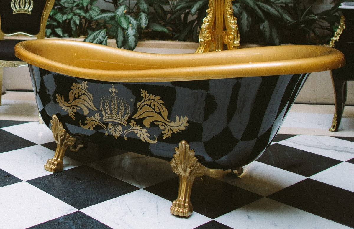 Pompöös by Luxus Badewanne Deluxe freistehend von Harald Glööckler Schwarz / Gold / Schwarz 1470mm mit goldfarbenen Löwenfüssen