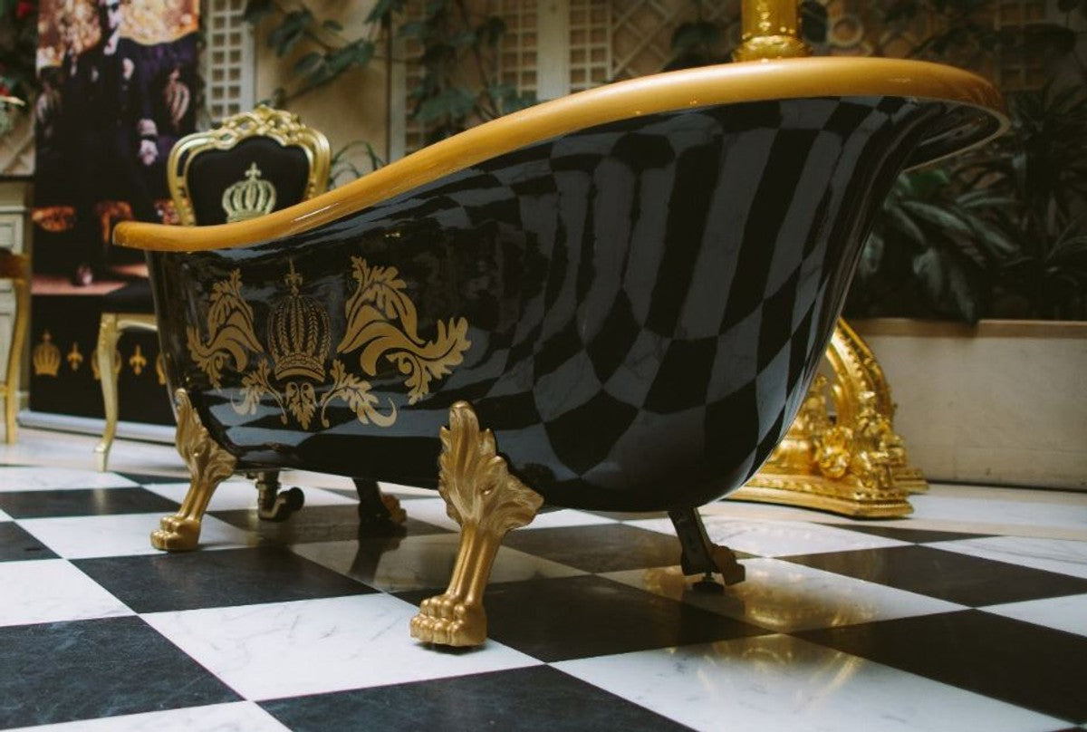 Pompöös by Luxus Badewanne Deluxe freistehend von Harald Glööckler Schwarz / Gold / Schwarz 1470mm mit goldfarbenen Löwenfüssen