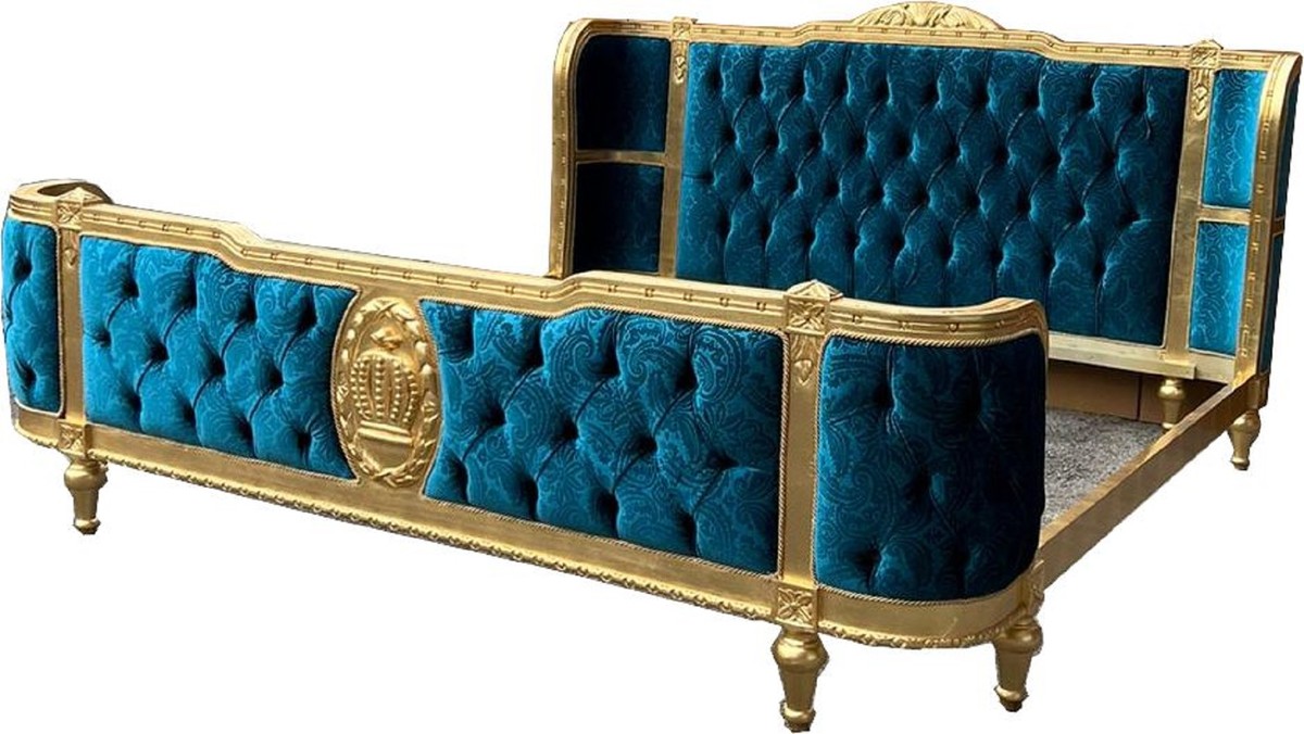 Pompöös by Luxus Barock Doppelbett Türkis Muster / Gold - Pompööses Barock Bett designed by Harald Glööckler - Schlafzimmer Möbel im Barockstil - Barock Möbel - Edel & Prunkvoll