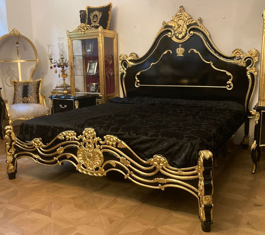 Pompöös by Luxus Barock Doppelbett mit Matratze Schwarz / Gold - Pompööses Barock Bett designed by Harald Glööckler - Schlafzimmer Möbel im Barockstil - Barock Möbel - Edel & Prunkvoll