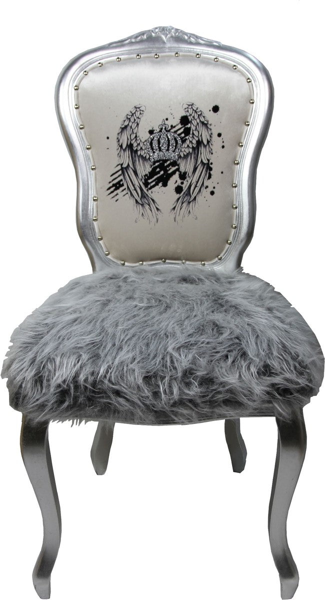 Pompöös by Luxus Barock Esszimmer Stuhl Kunstfell Silber / Weiss Krone mit Glitzersteinen - Pompööser Barock Stuhl designed by Harald Glööckler