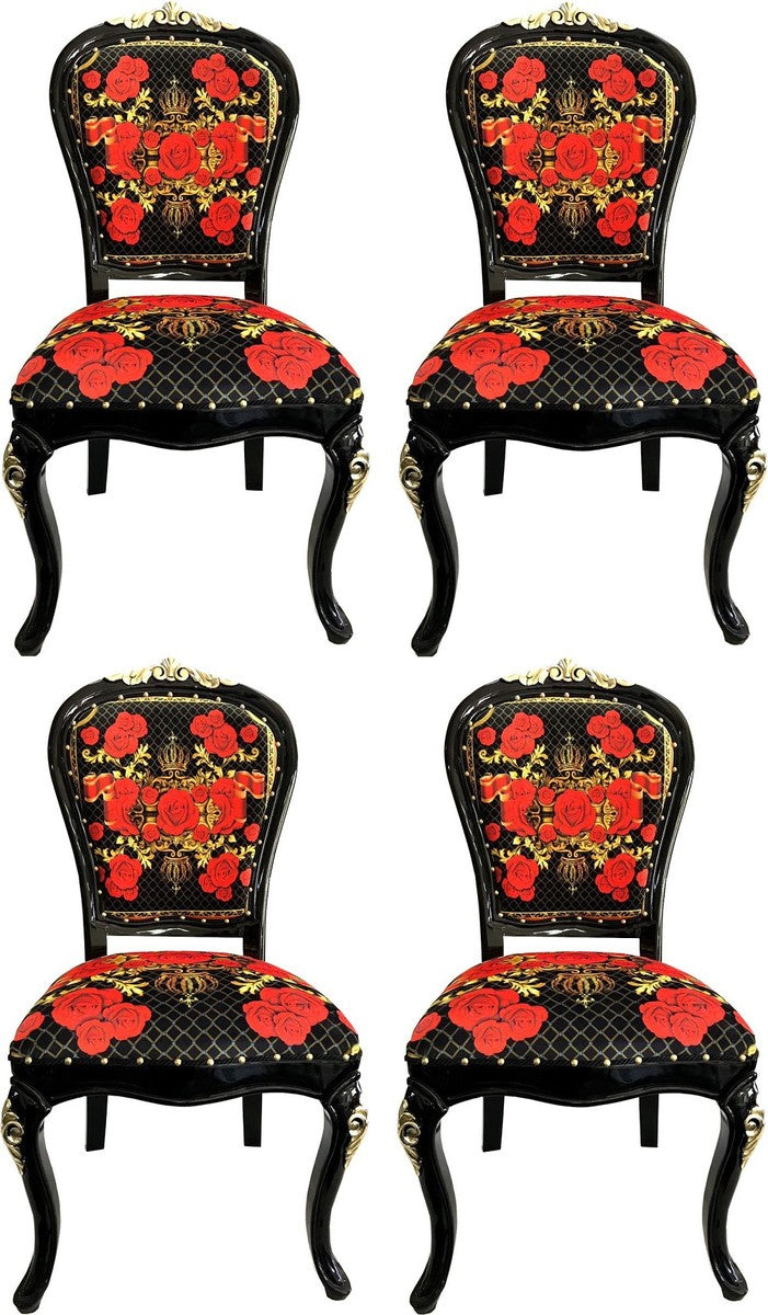 Pompöös by Luxus Barock Esszimmerstühle Roses Schwarz / Rot / Gold - Esszimmer Set - 4 Pompööse Barock Stühle designed by Harald Glööckler