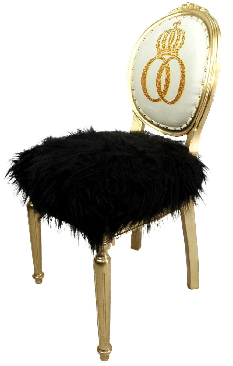 Pompöös by Luxus Barock Esszimmer Stuhl Kunstfell Schwarz / Gold Krone mit Glitzersteinen - Pompööser Barock Stuhl designed by Harald Glööckler