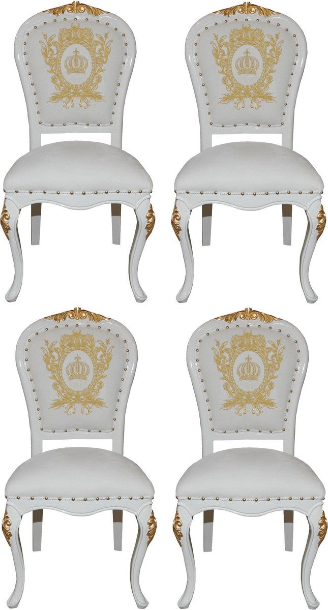 Pompöös by Luxus Barock Esszimmerstühle mit Krone Weiß / Gold - Pompööse Barock Stühle designed by Harald Glööckler - 4 Esszimmerstühle - Barock Esszimmermöbel