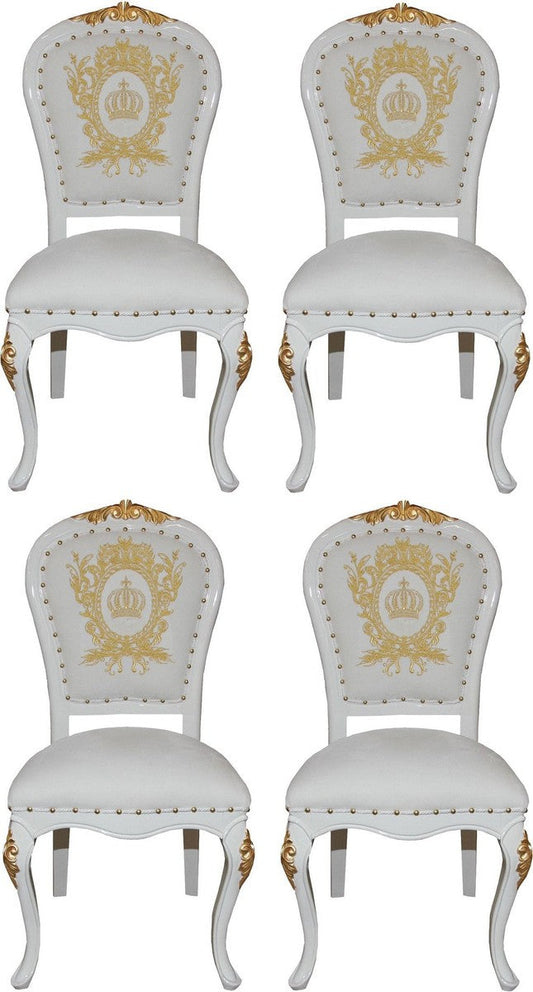 Pompöös by Luxus Barock Esszimmerstühle mit Krone Weiß / Gold - Pompööse Barock Stühle designed by Harald Glööckler - 4 Esszimmerstühle - Barock Esszimmermöbel