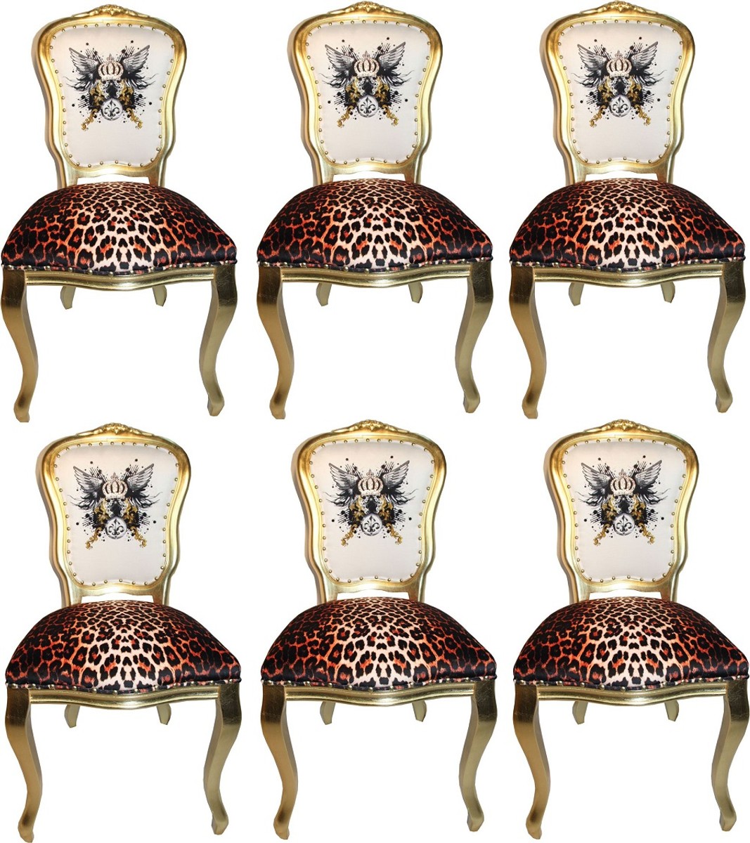 Pompöös by Luxus Barock Esszimmerstühle Glitzerkrone & Engelsflügel Leopard / Weiß / Gold 50 x 60 x H.104 cm - Pompööse Barock Stühle designed by Harald Glööckler - 6 Esszimmerstühle