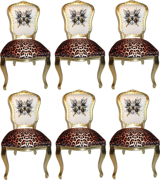 Pompöös by Luxus Barock Esszimmerstühle Glitzerkrone & Engelsflügel Leopard / Weiß / Gold 50 x 60 x H.104 cm - Pompööse Barock Stühle designed by Harald Glööckler - 6 Esszimmerstühle