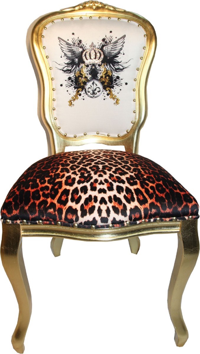 Pompöös by Luxus Barock Esszimmerstühle Glitzerkrone & Engelsflügel Leopard / Weiß / Gold 50 x 60 x H.104 cm - Pompööse Barock Stühle designed by Harald Glööckler - 6 Esszimmerstühle