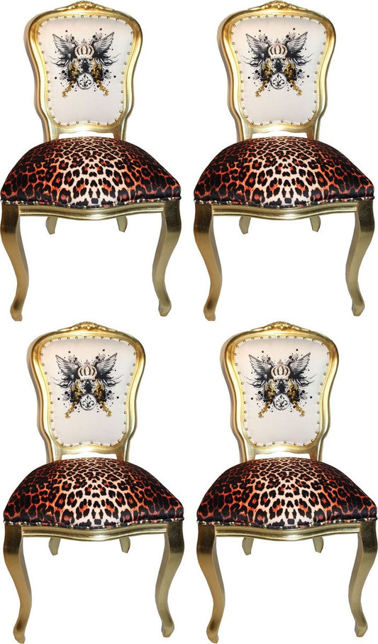 Pompöös by Luxus Barock Esszimmerstühle Glitzerkrone & Engelsflügel Leopard / Weiß / Gold 50 x 60 x H.104 cm - Pompööse Barock Stühle designed by Harald Glööckler - 4 Esszimmerstühle