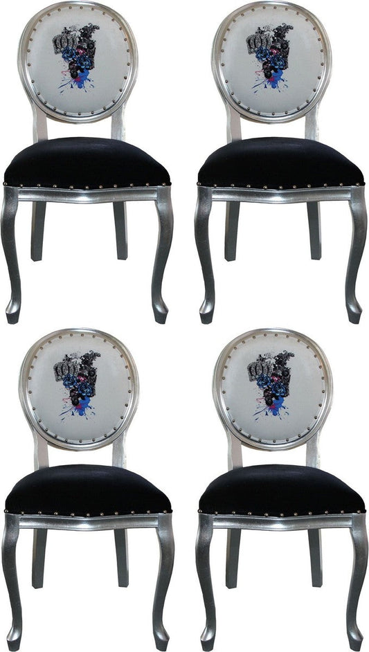 Pompöös by Luxus Barock Esszimmerstühle Schwarz / Weiß / Silber 50 x 60 x H. 104 cm - Pompööse Barock Stühle designed by Harald Glööckler - 4 Esszimmerstühle