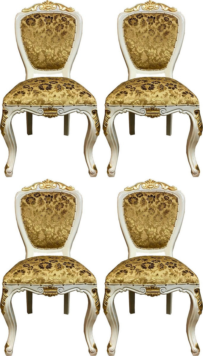 Pompöös by Luxus Barock Esszimmerstühle Gold Bouquet Muster / Creme-Weiß / Gold - Pompööse Barock Stühle designed by Harald Glööckler - 4 Esszimmerstühle - Barock Esszimmer Möbel
