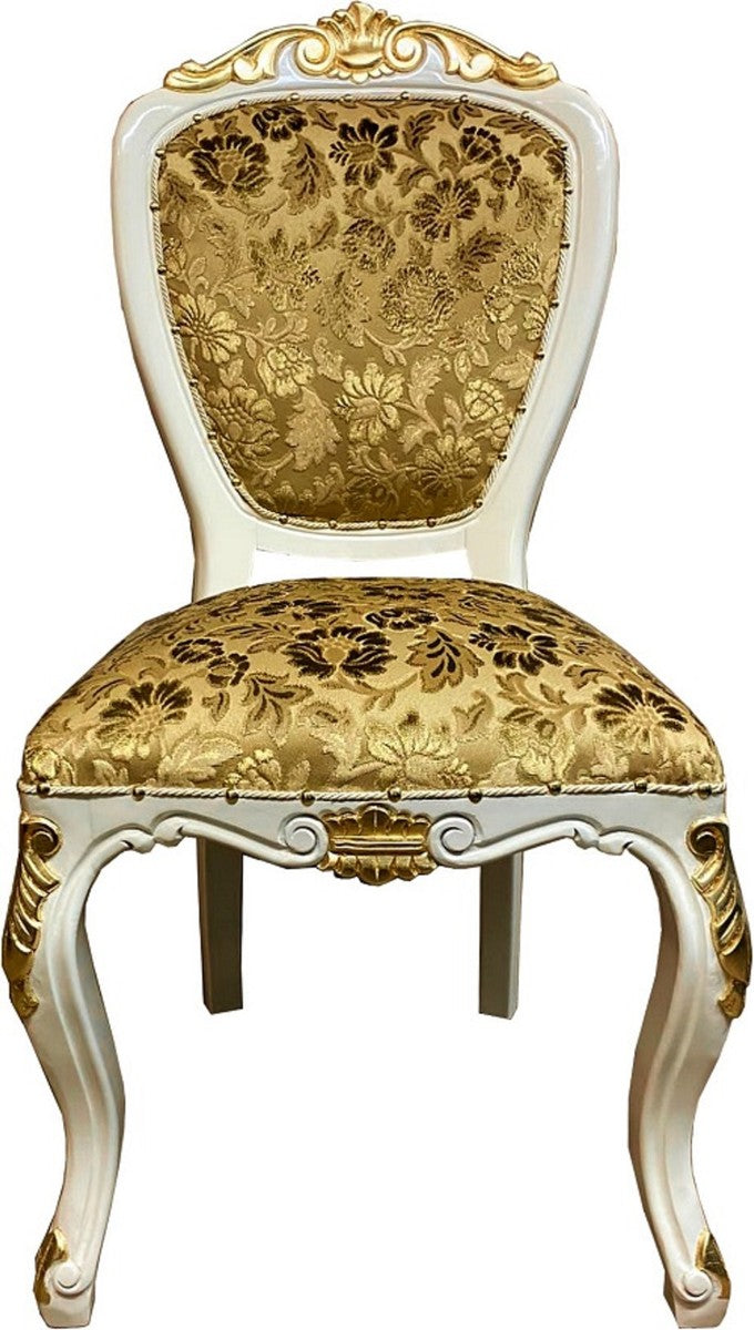 Pompöös by Luxus Barock Esszimmerstühle Gold Bouquet Muster / Creme-Weiß / Gold - Pompööse Barock Stühle designed by Harald Glööckler - 4 Esszimmerstühle - Barock Esszimmer Möbel