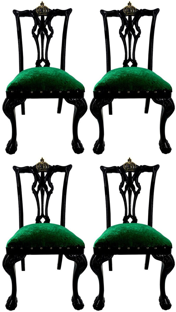 Pompöös by Luxus Barock Esszimmerstühle Grün Bouquet Muster / Schwarz / Gold - Pompööse Barock Stühle designed by Harald Glööckler - 4 Esszimmerstühle - Barock Esszimmer Möbel
