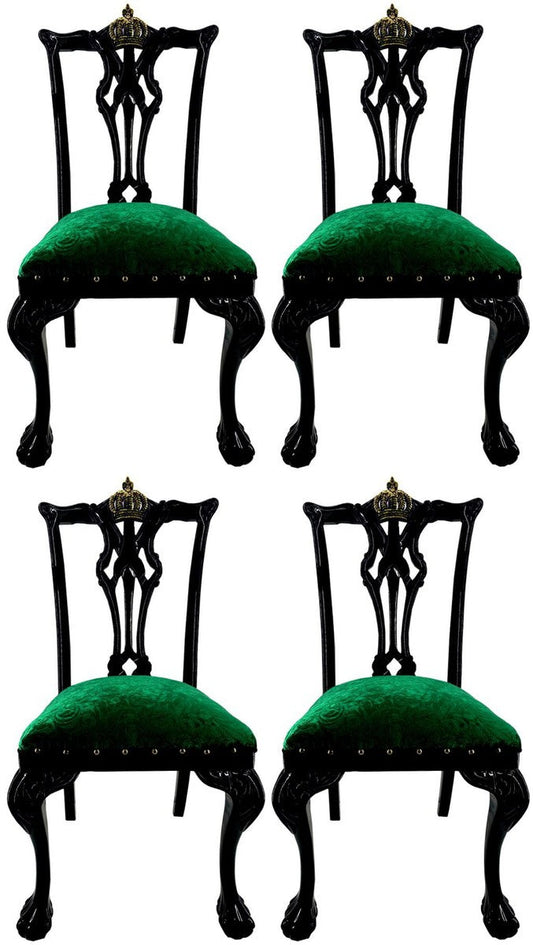 Pompöös by Luxus Barock Esszimmerstühle Grün Bouquet Muster / Schwarz / Gold - Pompööse Barock Stühle designed by Harald Glööckler - 4 Esszimmerstühle - Barock Esszimmer Möbel