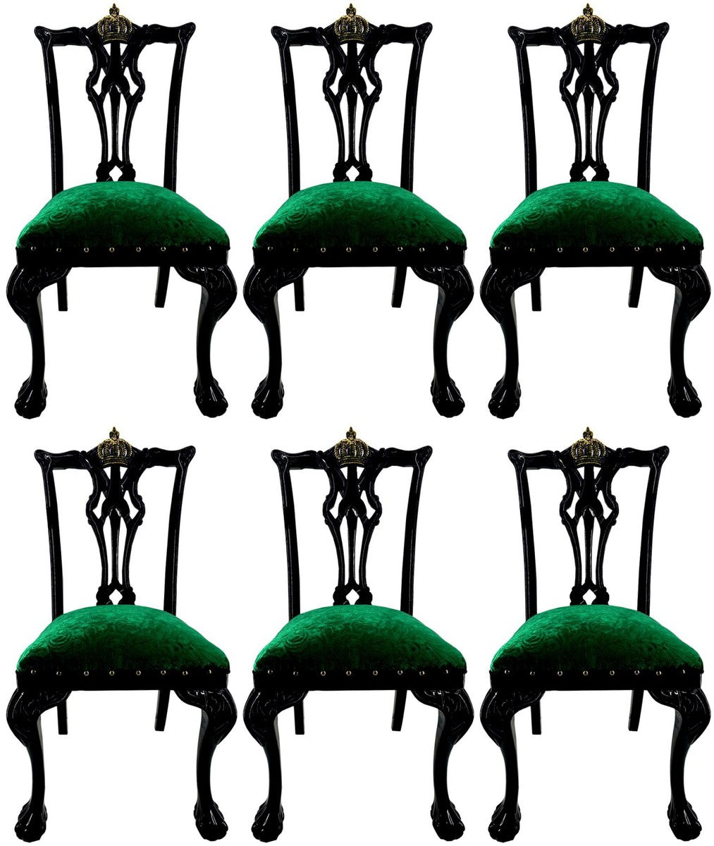 Pompöös by Luxus Barock Esszimmerstühle Grün Bouquet Muster / Schwarz / Gold - Pompööse Barock Stühle designed by Harald Glööckler - 6 Esszimmerstühle - Barock Esszimmer Möbel
