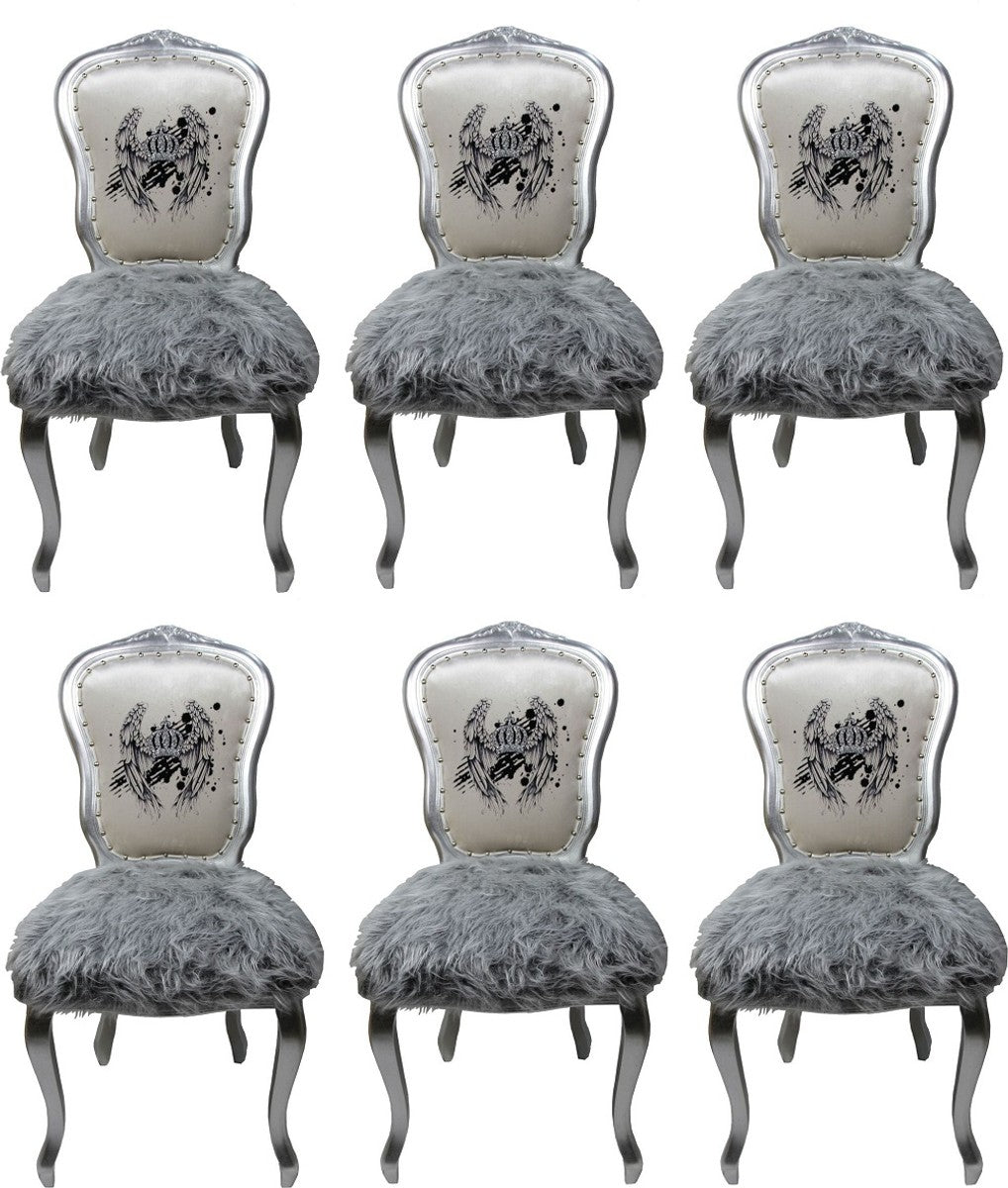 Pompöös by Luxus Barock Esszimmerstühle Krone Weiß / Grau / Silber - Pompööse Barock Stühle designed by Harald Glööckler - 6 Esszimmerstühle mit Kunstfell