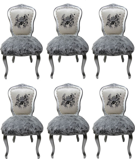 Pompöös by Luxus Barock Esszimmerstühle Krone Weiß / Grau / Silber - Pompööse Barock Stühle designed by Harald Glööckler - 6 Esszimmerstühle mit Kunstfell