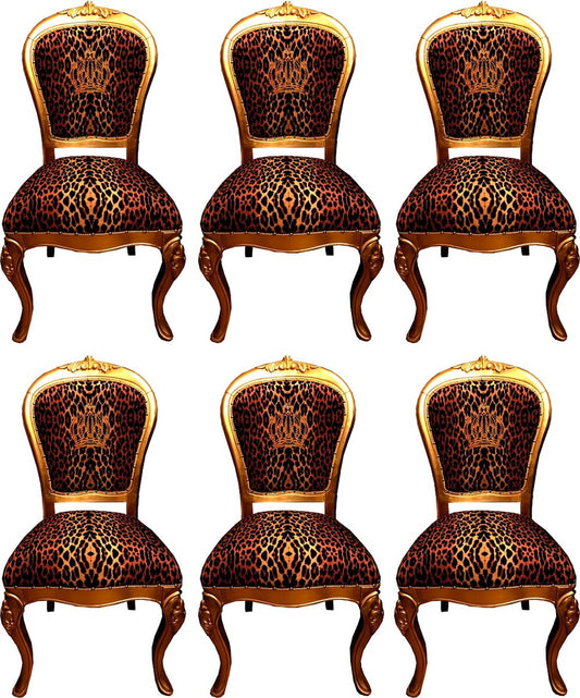 Pompöös by Luxus Barock Esszimmerstühle Krone mit Glitzersteinen Leopard / Gold - Esszimmer Set - 6 Pompööse Barock Stühle designed by Harald Glööckler