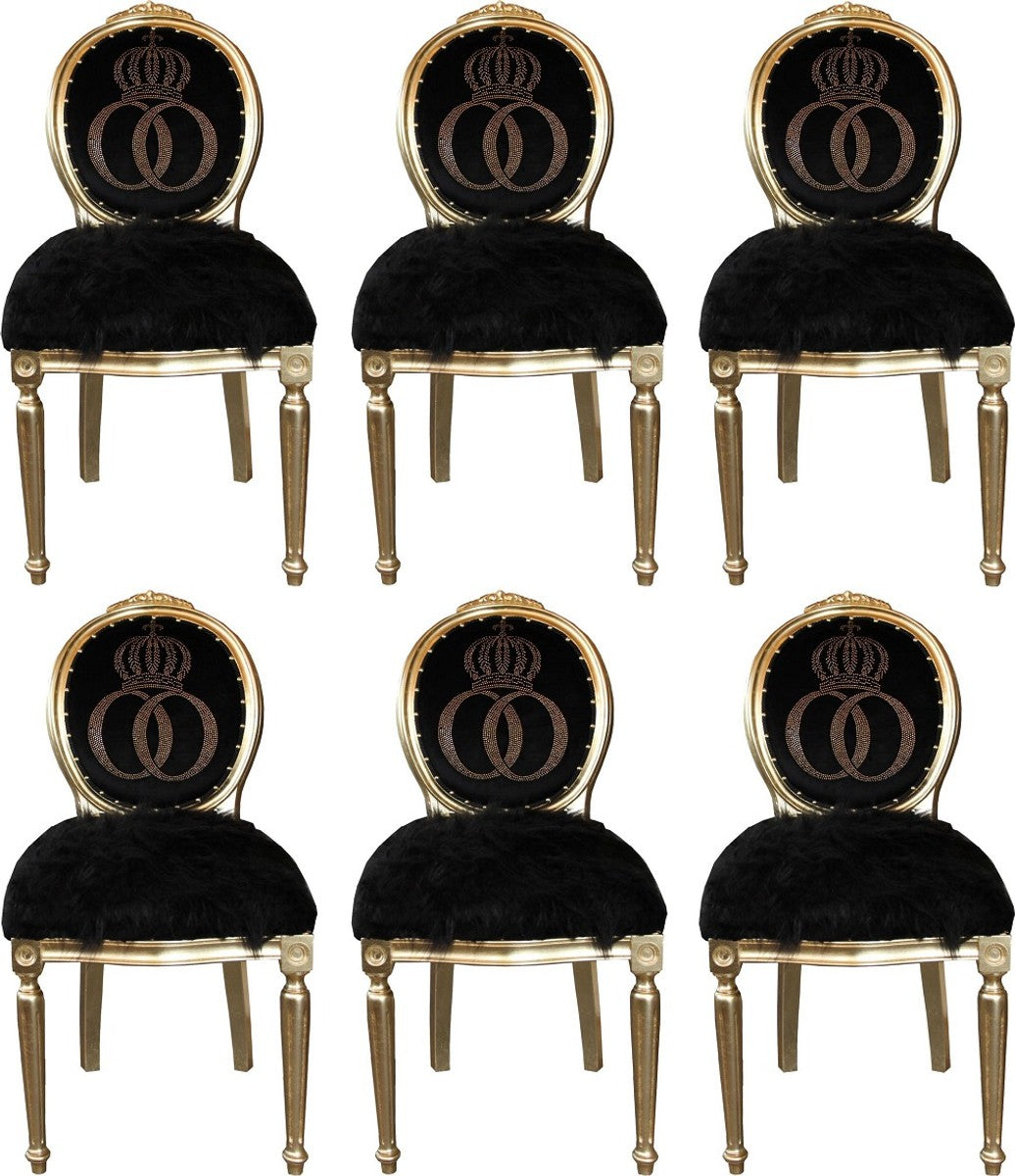 Pompöös by Luxus Barock Esszimmerstühle Kunstfell Schwarz / Gold Krone mit Glitzersteinen 50 x 60 x H. 104 cm - Pompööse Barock Stühle designed by Harald Glööckler - 6 Esszimmerstühle
