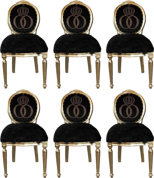 Pompöös by Luxus Barock Esszimmerstühle Kunstfell Schwarz / Gold Krone mit Glitzersteinen 50 x 60 x H. 104 cm - Pompööse Barock Stühle designed by Harald Glööckler - 6 Esszimmerstühle
