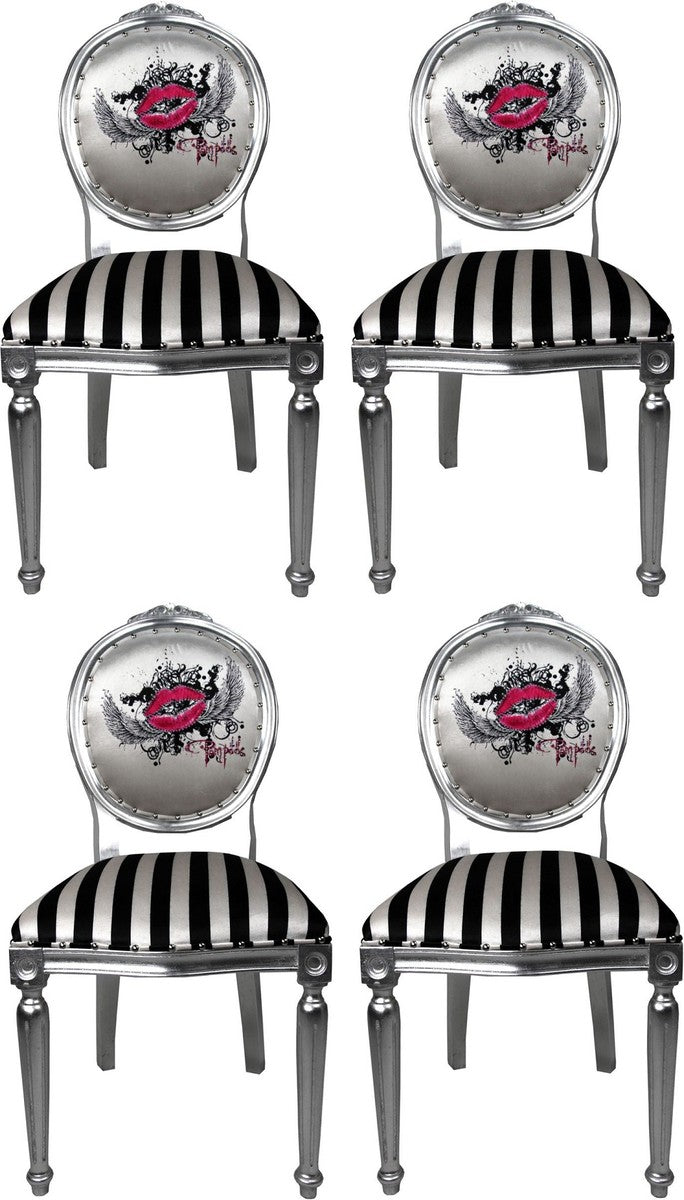 Pompöös by Luxus Barock Esszimmerstühle Pink Lips Schwarz / Weiß Streifen / Silber - Pompööse Barock Stühle designed by Harald Glööckler - 4 Esszimmerstühle