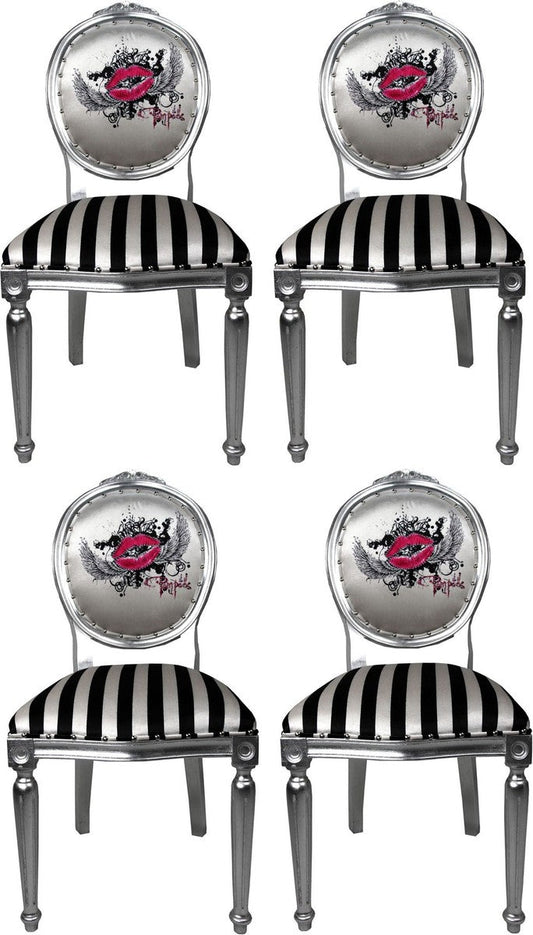 Pompöös by Luxus Barock Esszimmerstühle Pink Lips Schwarz / Weiß Streifen / Silber - Pompööse Barock Stühle designed by Harald Glööckler - 4 Esszimmerstühle