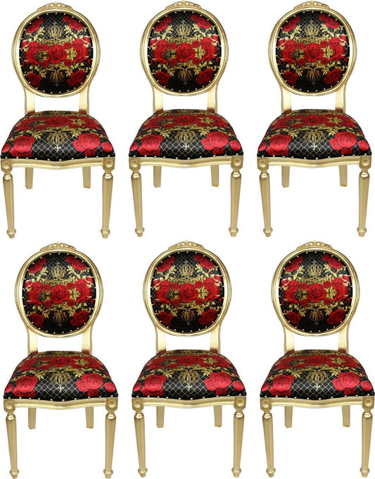 Pompöös by Luxus Barock Esszimmerstühle Rosen Schwarz / Rot / Gold - Pompööse Barock Stühle designed by Harald Glööckler - 6 Esszimmerstühle