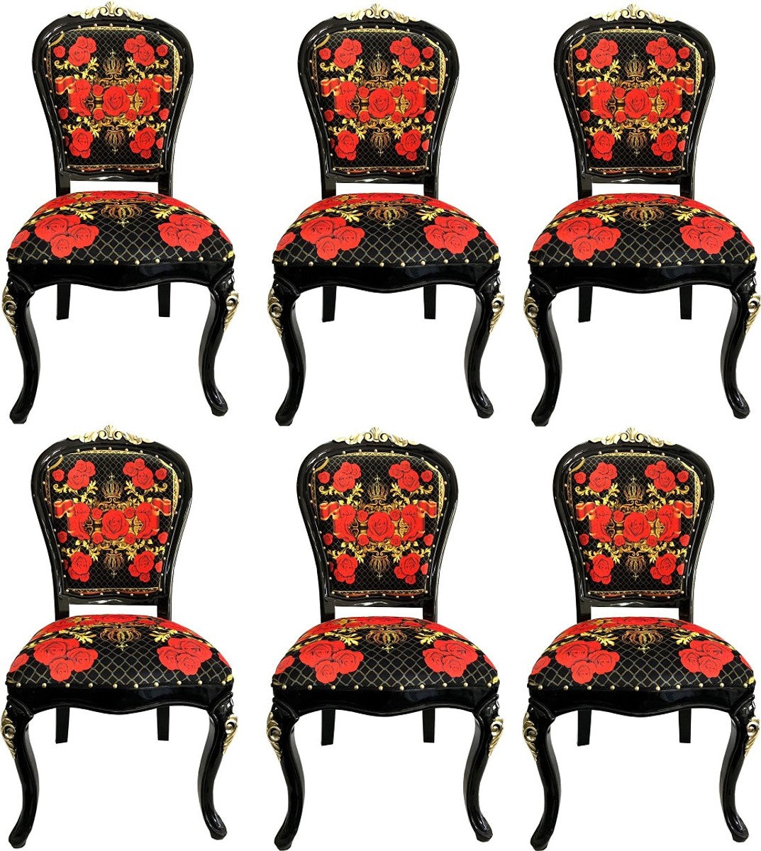 Pompöös by Luxus Barock Esszimmerstühle Roses Schwarz / Rot / Gold - Esszimmer Set - 6 Pompööse Barock Stühle designed by Harald Glööckler