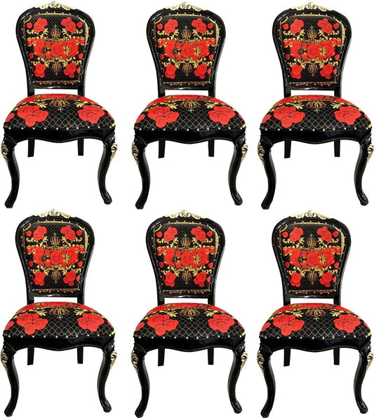 Pompöös by Luxus Barock Esszimmerstühle Roses Schwarz / Rot / Gold - Esszimmer Set - 6 Pompööse Barock Stühle designed by Harald Glööckler